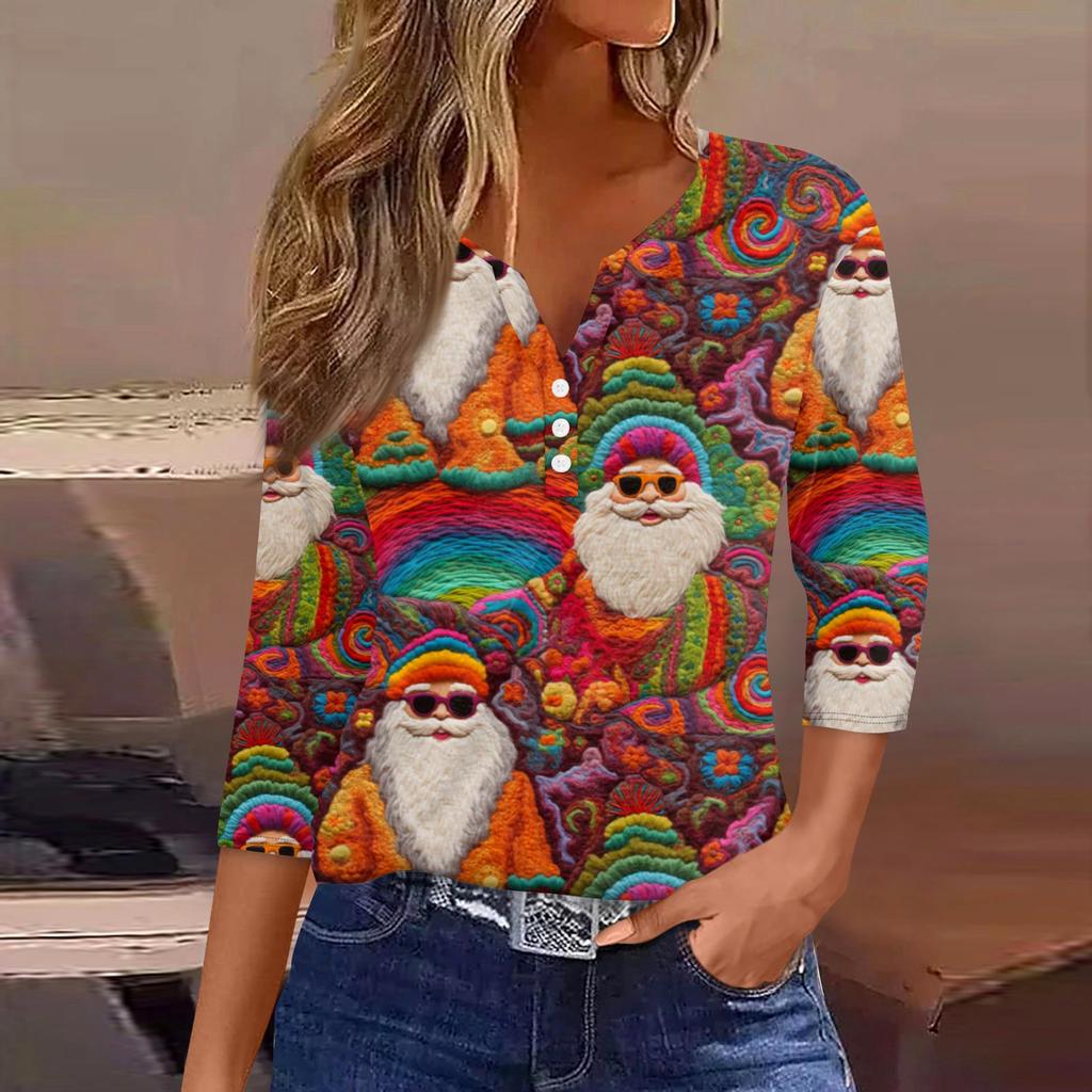 Women's Fashionable Casual Christmas Printed V-neck Three-quarter Sleeve Decorated Button Top