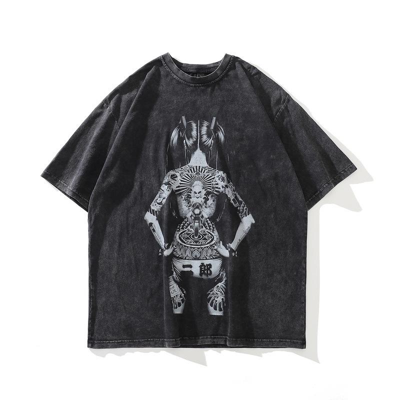 Американская уличная ретро футболка летняя новая японская укиё-э расписная тату девушка с коротким рукавом мужская и женская свободная модная