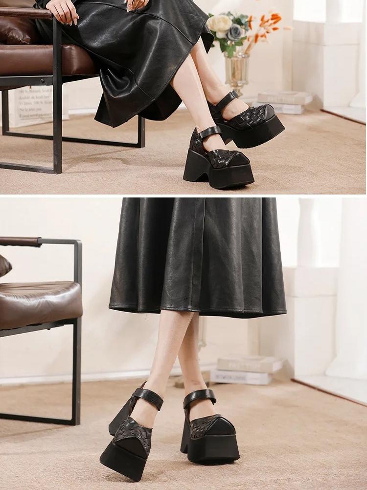 Johnature Женские босоножки на танкетке 10 см, плетеные из коровьей кожи, с толстой подошвой, ретро, из натуральной кожи