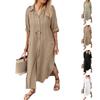 Women Fashion Casual Cotton Linen Dress Solid Color Long Sleeve Long Dress