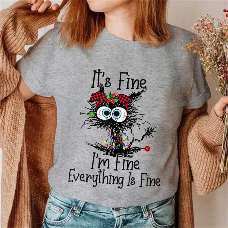 It's Fine I'm Fine Everything Футболки с принтом кота, топы, женская футболка, рождественские футболки с огнями Санта-Клауса, женские топы 90-х Ulzzang, футболки
