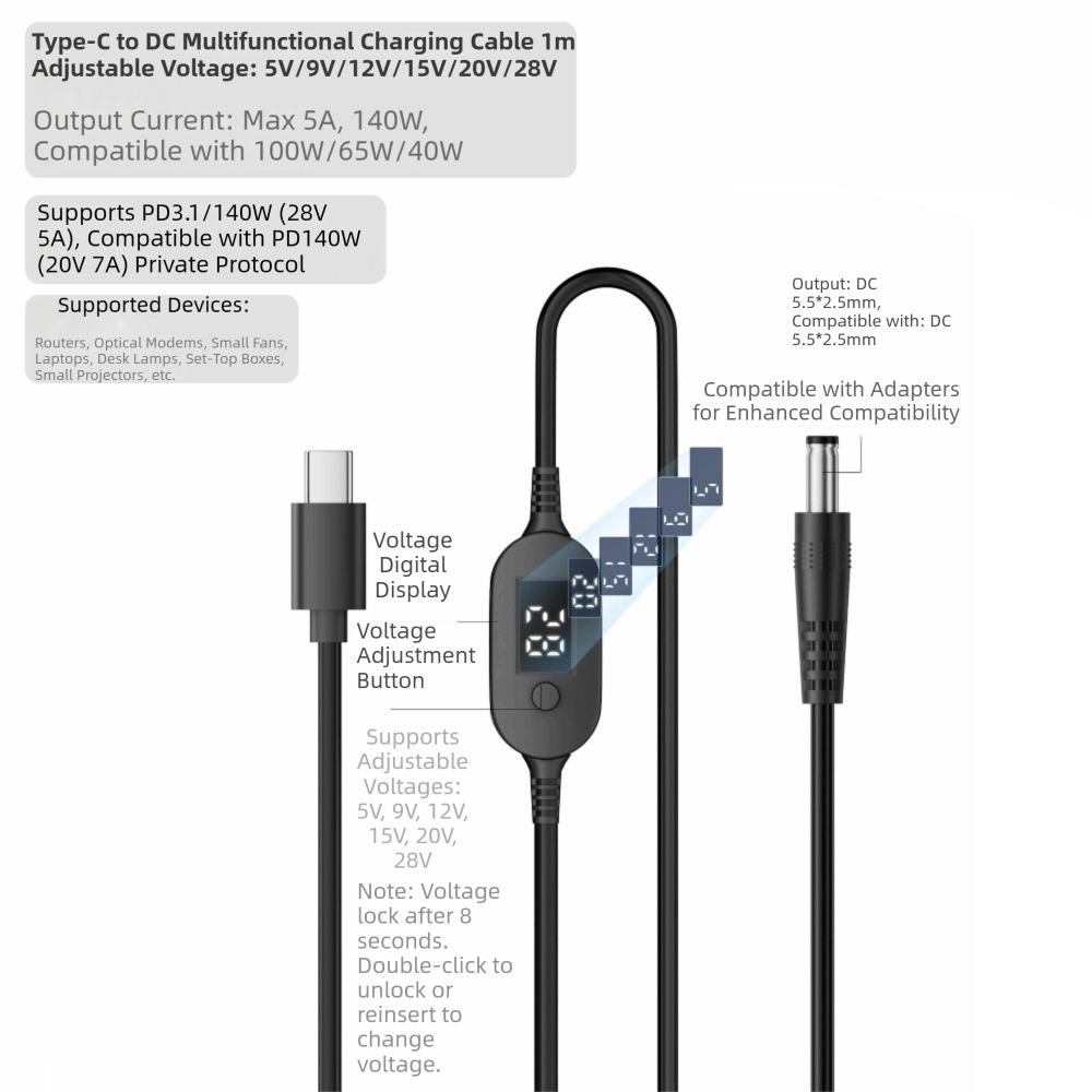Цифровой дисплей USB C на DC 5525 Конвертер PD 140 Вт Зарядный кабель для Wi-Fi роутера