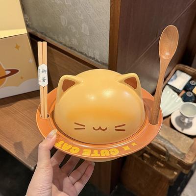 Милая кошачья миска для лапши быстрого приготовления с крышкой, керамическая миска для лапши быстрого приготовления для общежития, ценный подарок на новоселье или день рождения