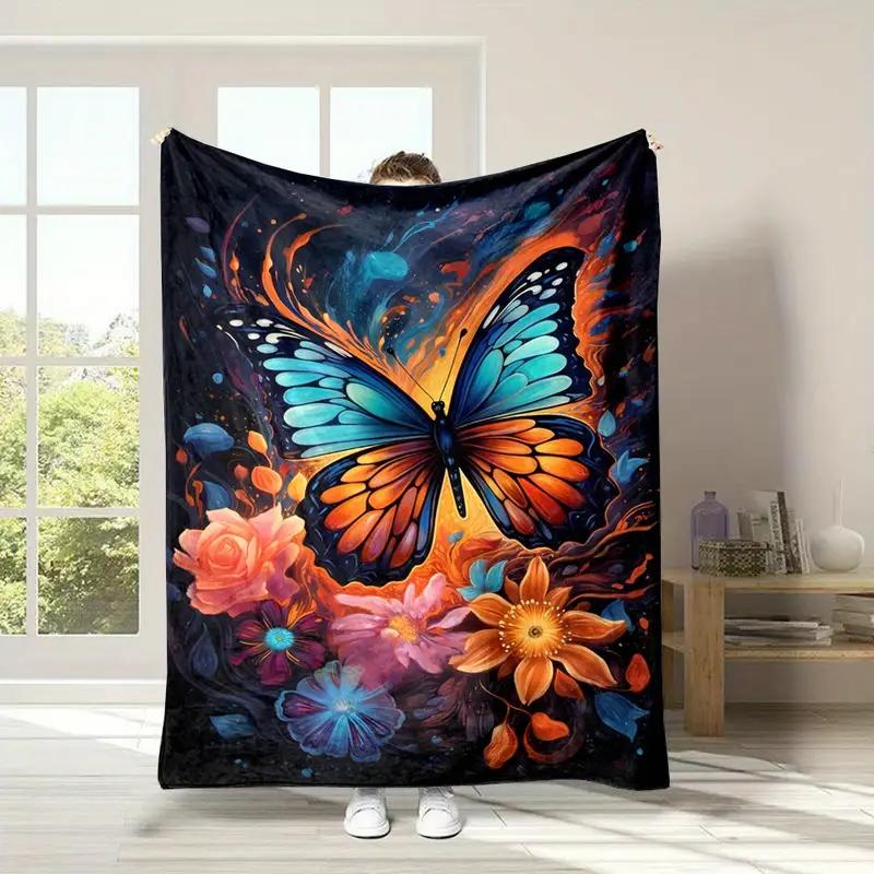 Butterfly with two-color wings flying among flowers Flannel blanket suitable for bedding, office, home, camping, warm, sofa, bed