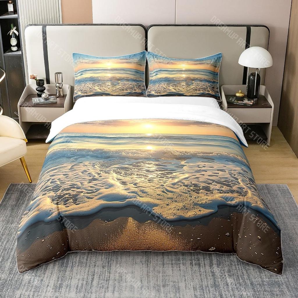 Комплект постельного белья с пляжной тематикой размера кинг, квин, пододеяльник с океанской волной и закатом, прибрежный морской пододеяльник, чехол на одеяло с морским пейзажем
