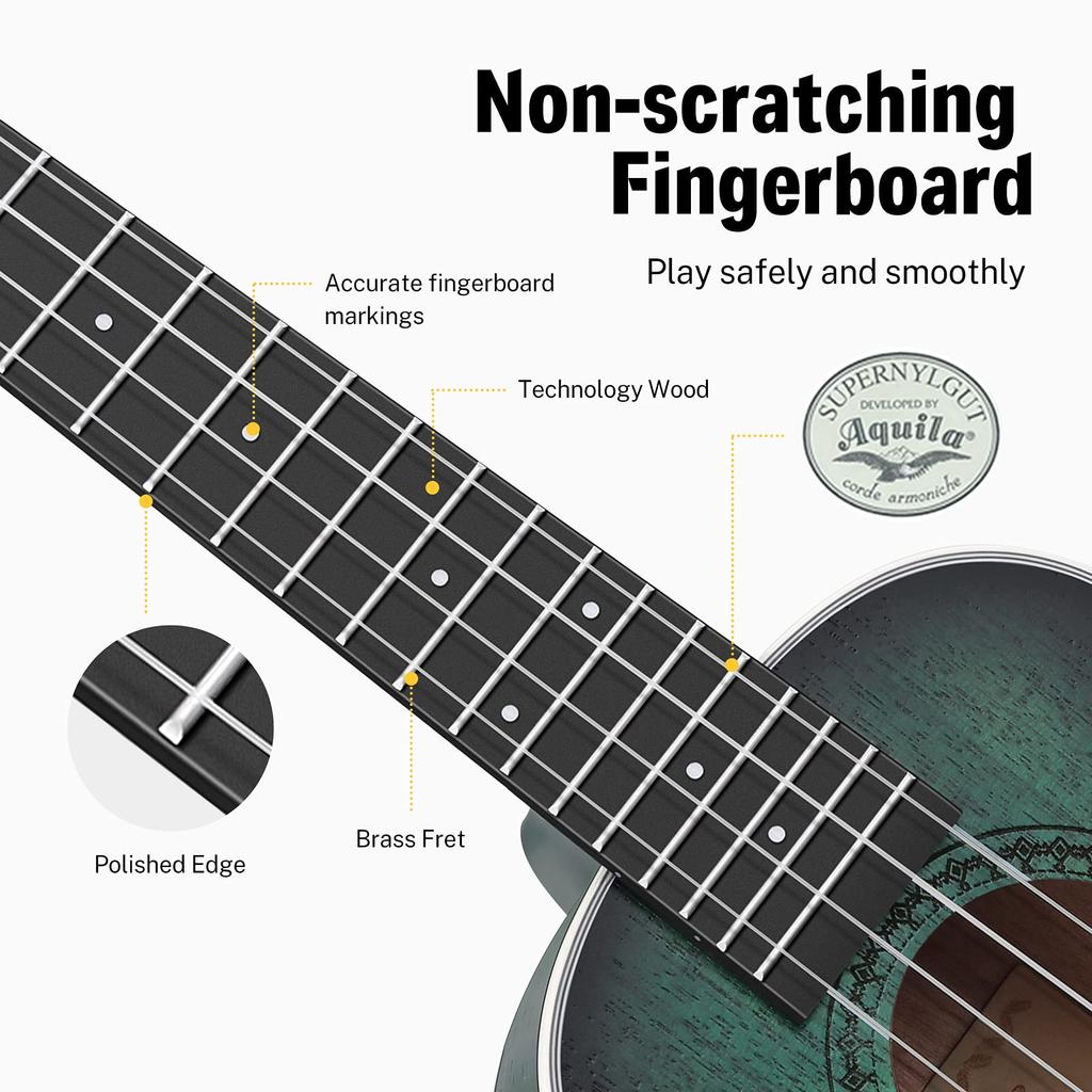 Donner Ukulele Concert Beginner 23 высококачественных полированных аксессуаров, включая мягкий чехол и зеленый набор, дюймы, дерево, отделка, тюнер из 6 предметов,