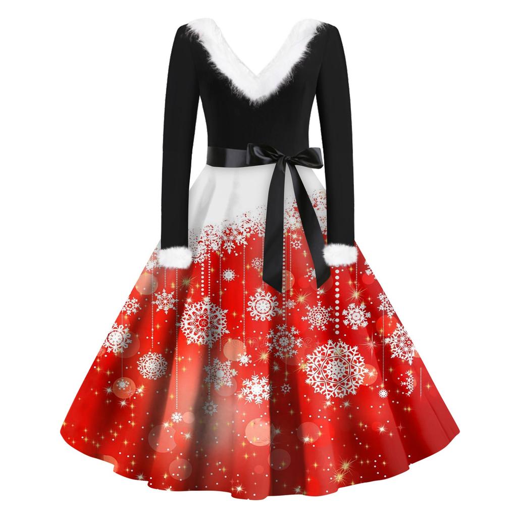 Женская мода с v-образным вырезом, повседневные тонкие рождественские шерстяные платья с длинным рукавом с принтом