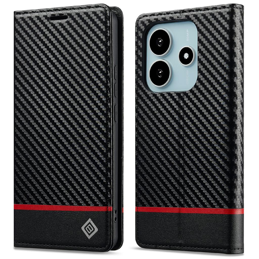 LC.IMEEKE For Xiaomi Redmi Note 14 4G (164.84mm) Case Carbon Fiber Texture Phone Cover Stand Card Holder