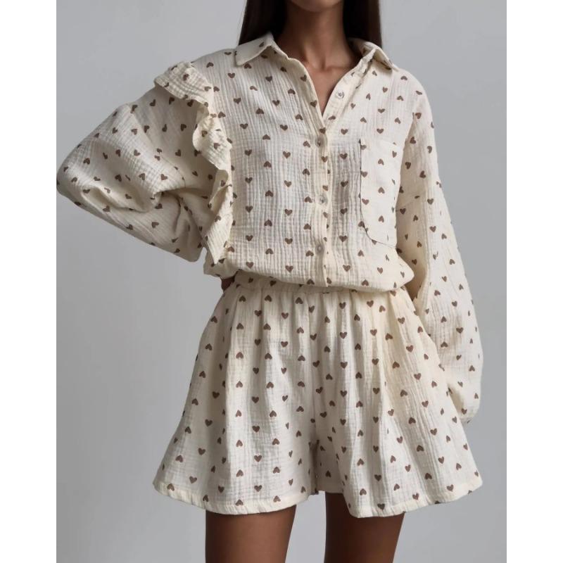 Хлопковый пижамный комплект с принтом в виде сердца для женщин, блузка с длинным рукавом, комплект с шортами, повседневная свободная рубашка, женский короткий комплект из 2 предметов для дома