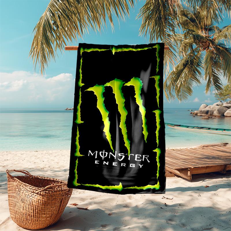 Пляжное полотенце с рисунком логотипа Monster Energy - мягкое, впитывающее, быстросохнущее, можно стирать в машине - идеально для плавания, кемпинга, купания