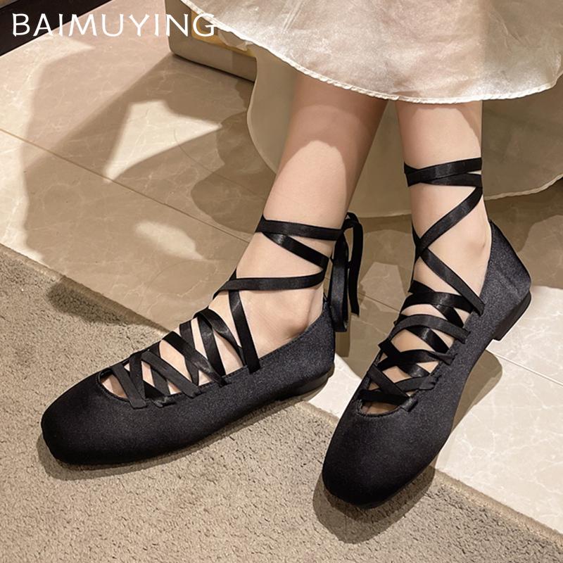 Square Toe Shallow Women Ballet Dance Shoes Elegant Lace Up Soft Winter Shoes 2025 Trend Designer Dress New Chaussures Ladies