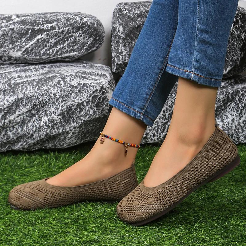 Hot Selling Women's Round Toe Flats Solid Color Knitted Slip-On Shoes Casual Breathable Ballet Flats Women's Mesh Flats Loafers
