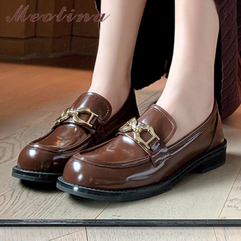 Meotina Женские лоферы из натуральной кожи с круглым носком на плоской подошве с металлическими украшениями, женская модная повседневная обувь, весна-осень, черный, коричневый 40