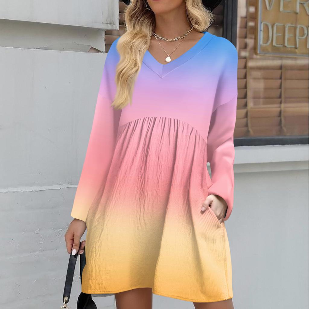 Women's Fashion Gradient V-Neck Long Sleeve Dress