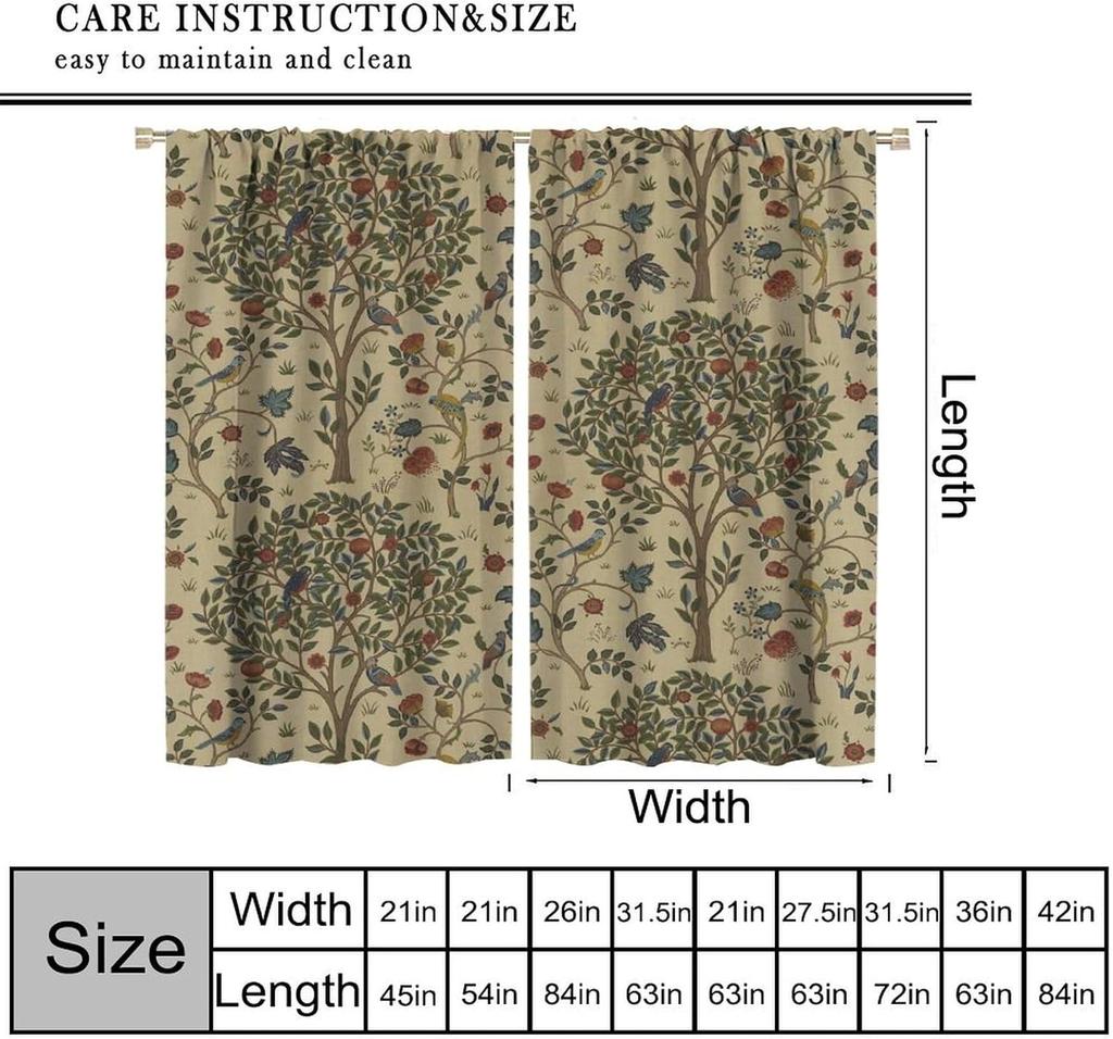 Винтажные шторы блэкаут William Morris Forest   Рустикальные бохо шторы с птицами и растениями   для гостиной, спальни 21(W)*45(L