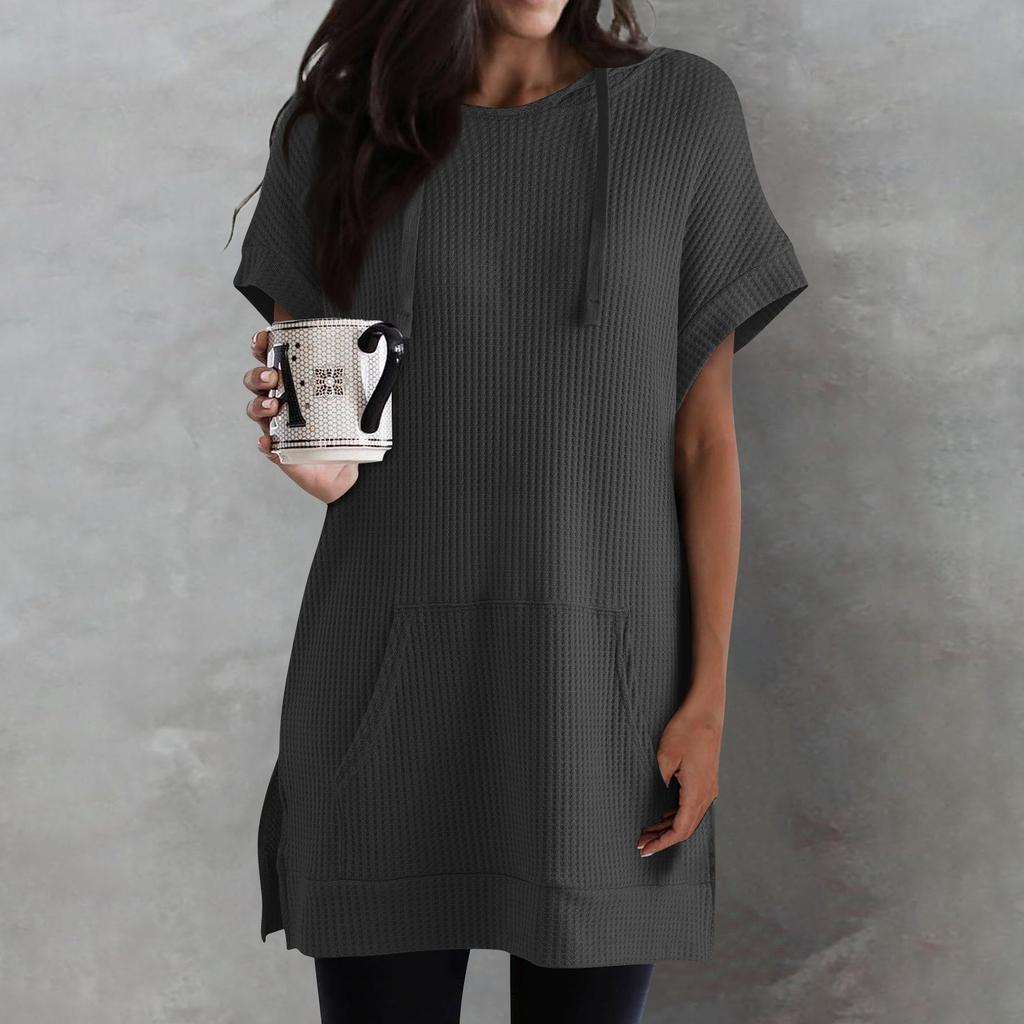 Женские однотонные свободные рубашки, толстовки с короткими рукавами и шнурком, вязаная туника с боковыми разрезами, топы с капюшоном и карманом