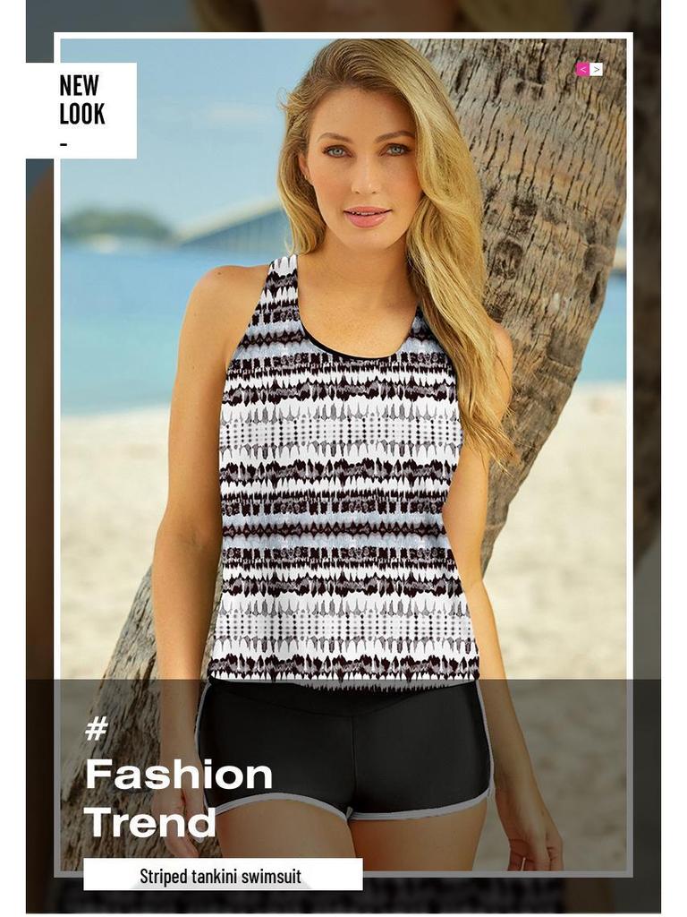 Women's Printed High-Waisted Boyleg Tankini: European & American Swimwear