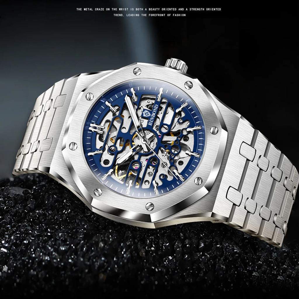 Модные мужские механические часы с большим циферблатом, автоматические, из нержавеющей стали, деловые, для платья, наручные для мужчин