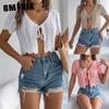Summer Lace-up Cutout Short-sleeved Knitted Cardigan for Vacation Crop Protection Women's Wear