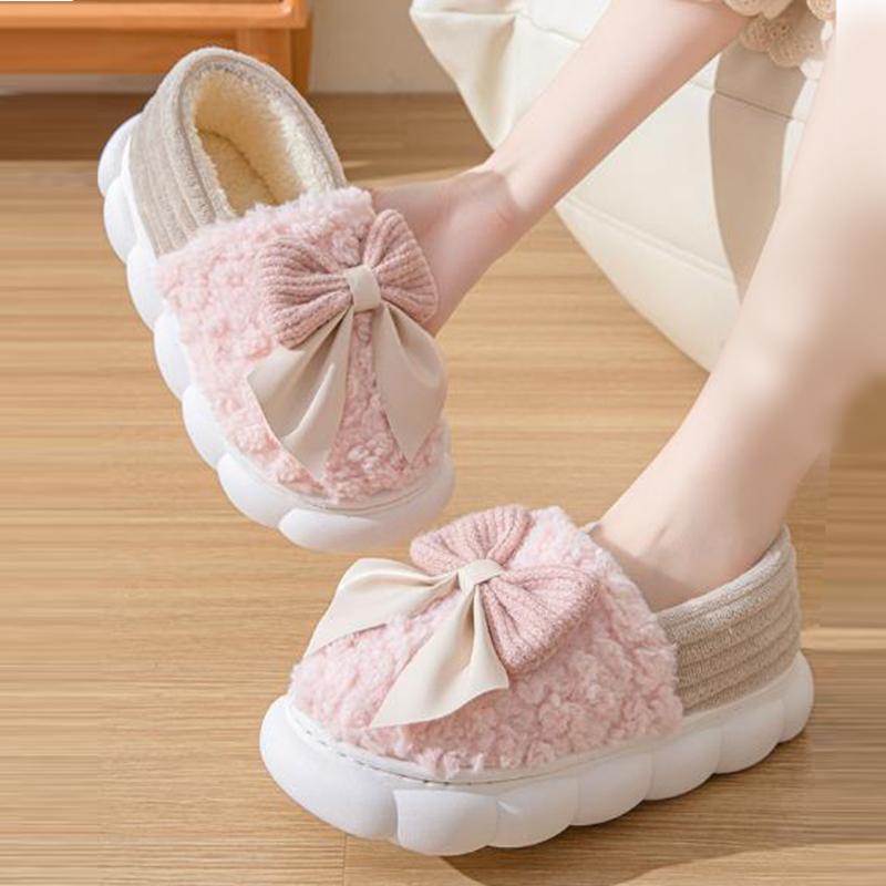 Тапочки из хлопка с бантом, новые туфли для женщин, домашняя обувь на осень-зиму, теплые повседневные меховые тапочки, туфли без застежек на мягкой подошве из хлопка