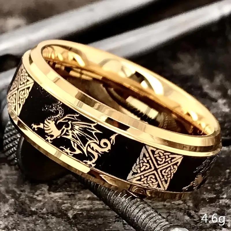Men's Gold Celtic Dragon Stainless Steel Ring with Knot Design