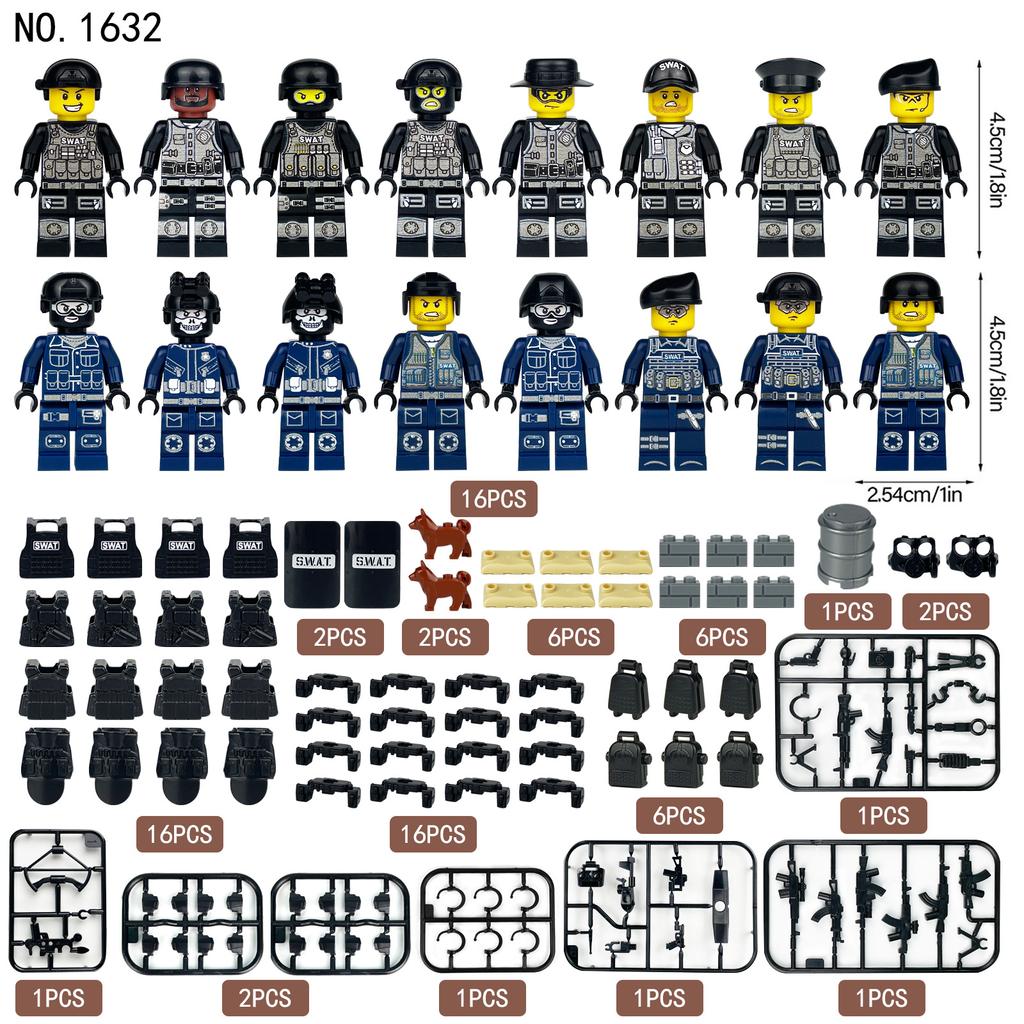 16 шт. M1632, военная взрывозащищенная полиция, летающий тигр, черная специальная полиция, 16 кукол, детские сборки, строительные блоки, игрушки