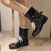 Fashion Fashion Lace Up Mid Calf Boots Women Y2K Gothic Low Heels Motorcycles Boots Woman Pu Leather Patchwork Punk Riding Botas Mujer