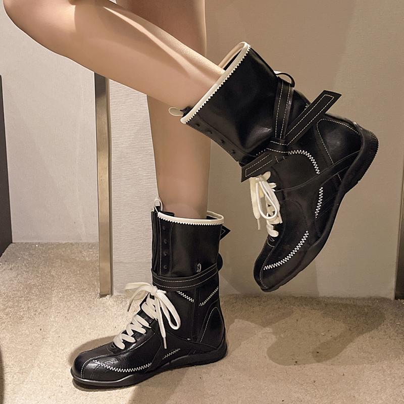 Fashion Fashion Lace Up Mid Calf Boots Women Y2K Gothic Low Heels Motorcycles Boots Woman Pu Leather Patchwork Punk Riding Botas Mujer
