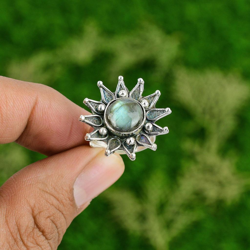 Gift For Her Natural Labradorite Statement Flower Adjustable Ring 925 Silver