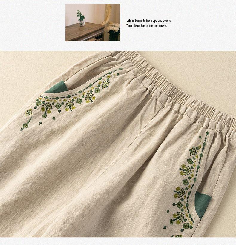 Женские ретро вышитые хлопково-льняные брюки-морковки: 2024 Свободный стиль гарема для весны, лета и осени