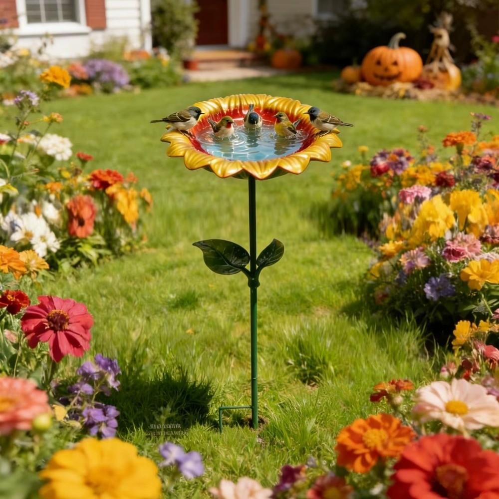Sunflower Bird Bath Iron Art Flower Garden Stake Bird Drinking Station Patio Decor