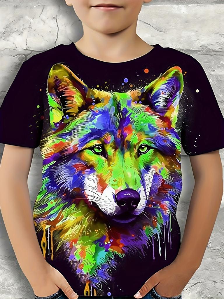 Summer Cool Wolf Graphic T-Shirt For Boys - 3D Digital Print, Casual Stretch Tee For Summer Outings