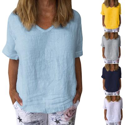 Женская мода с коротким рукавом из хлопка и льна, свободный повседневный однотонный топ