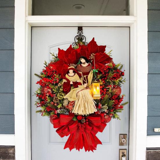 Венок Святого Семейства, рождественский венок с искусственными ягодами, шишкой, зимний религиозный венок на входную дверь с фигуркой Иисуса для дома