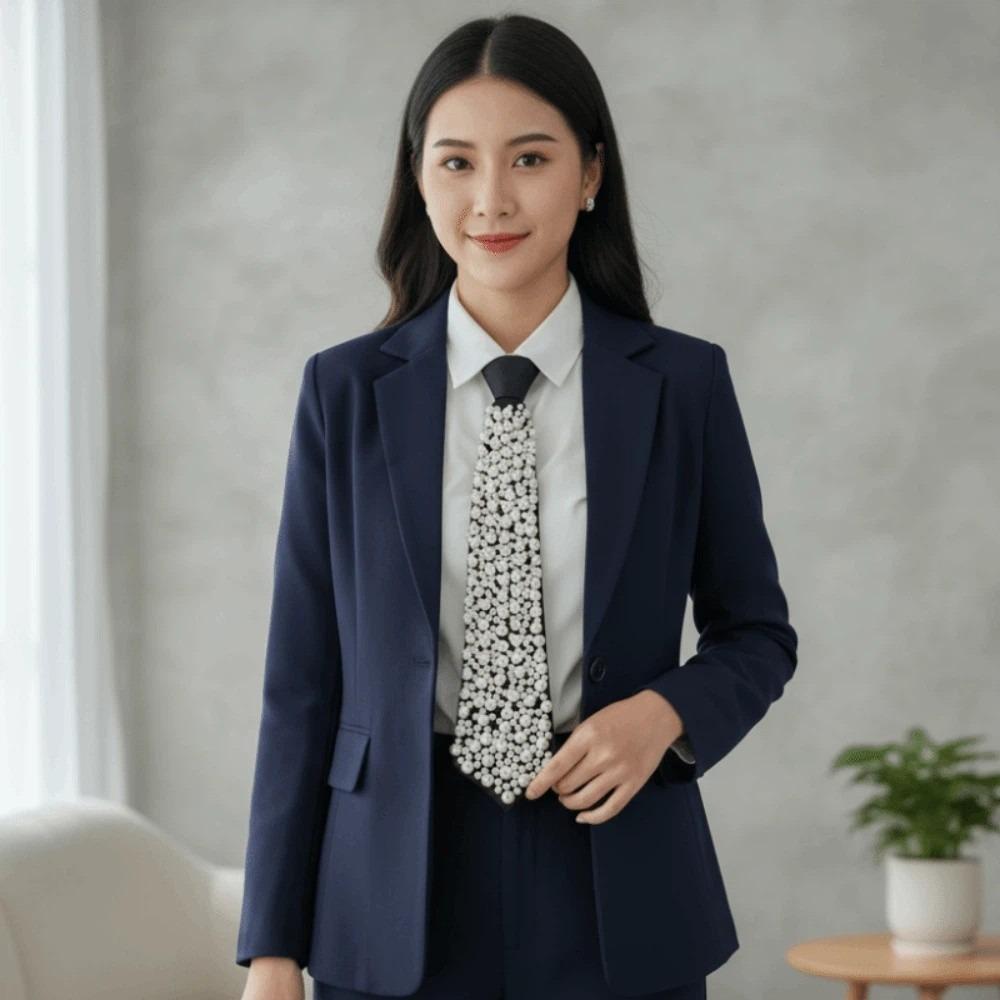 Korean Style Full Pearls Tie Black Choker Hand-beaded Long Necktie Academic Style Geometric Decoration Shirt Tie Daily