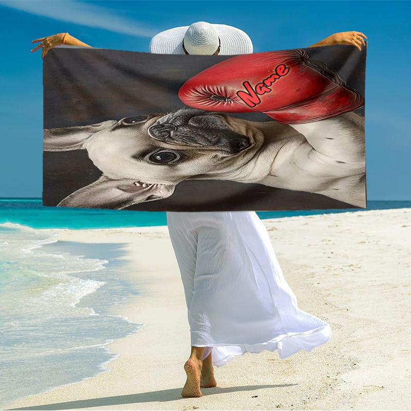 1PC Custom Name Bulldog Friendship Beach Towel Highly Absorbent And Sand-Resistant Towel for Swimming, Pool, Yoga, And Travel Lightweight