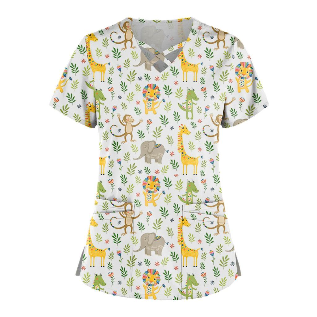 Плюс размер, милая рабочая форма с принтом, топы для женщин, забавные футболки с перекрестным v-образным вырезом и короткими рукавами, рабочая одежда, футболка с двойными карманами