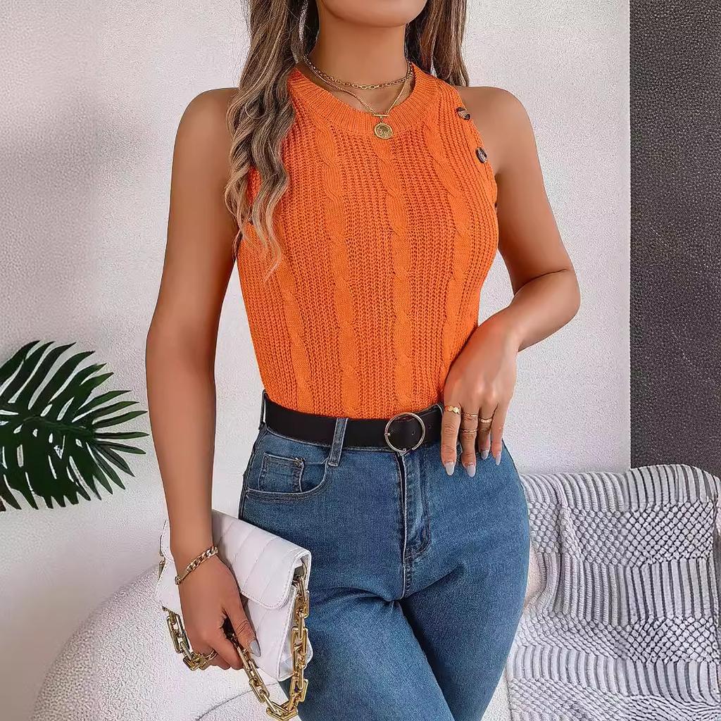 HNXC Summer Solid Color Braided Button Sleeveless Top Vacation Knitted Sweater Women's Wear