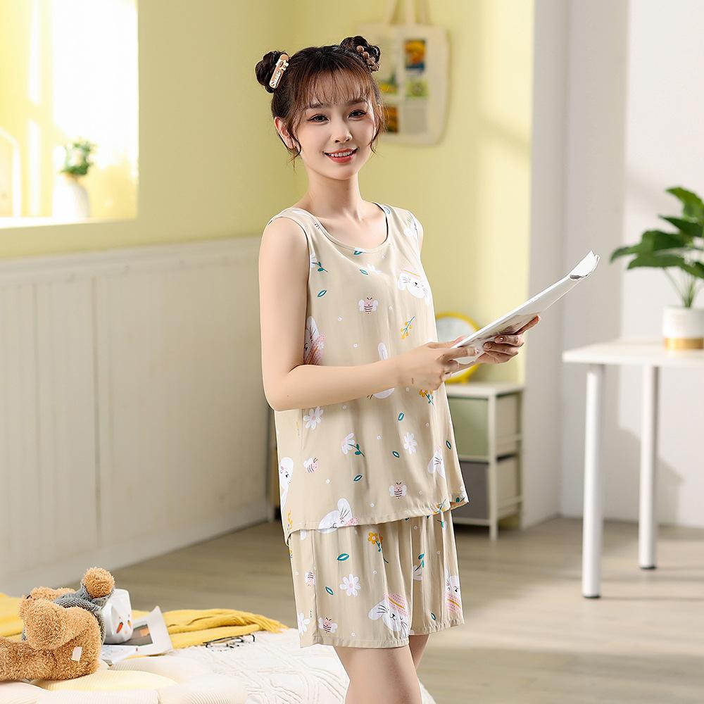 Хлопковые шелковые пижамы, комплекты из двух предметов, женский летний жилет, короткие шорты без рукавов, повседневные удобные милые большие размеры