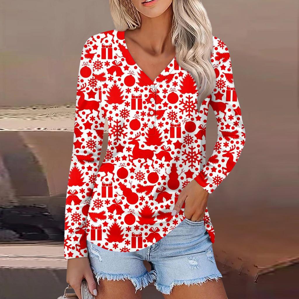 Women's Casual Fashion Sexy Comfort Christmas Printed V-Neck Button Long Sleeve