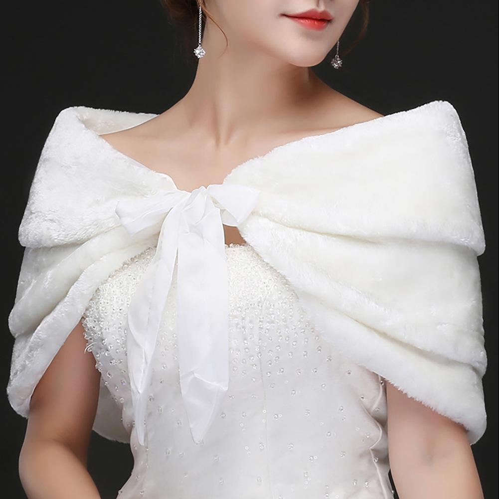 Women White Faux Fur Bridal Wrap Stole Shawl Wedding Artificial Embellishment Winter Jacket Coat