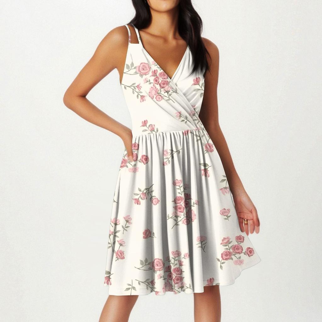 Женская мода повседневные платья с V-образным вырезом и бретелями без рукавов с цветочным принтом