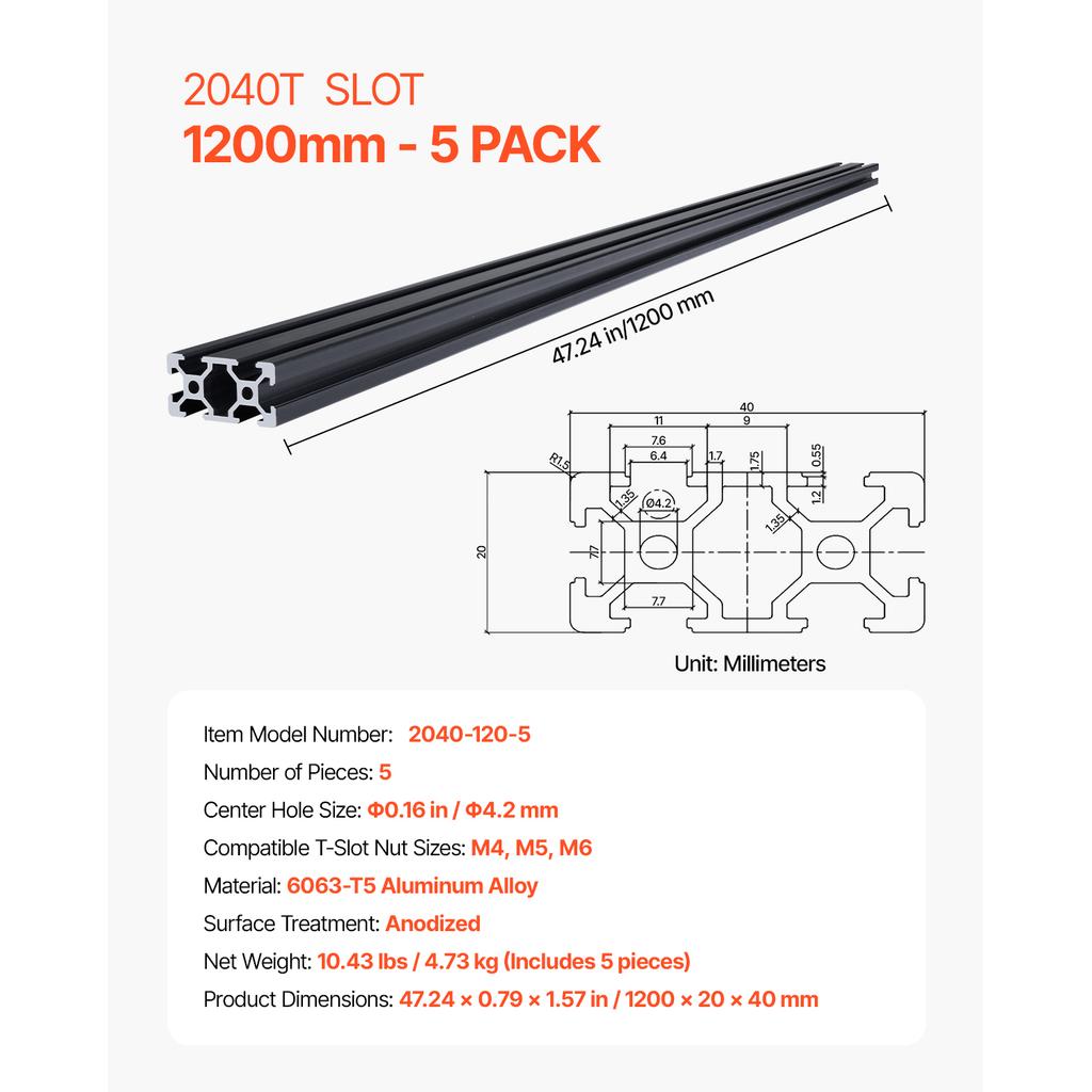 SucceBuy Linear Rail 4-5 PCS 1000mm/1200mm/1500mm/2000mm T Slot 2040 Aluminum Extrusion Profile for 3D Printer, CNC Machine DIY