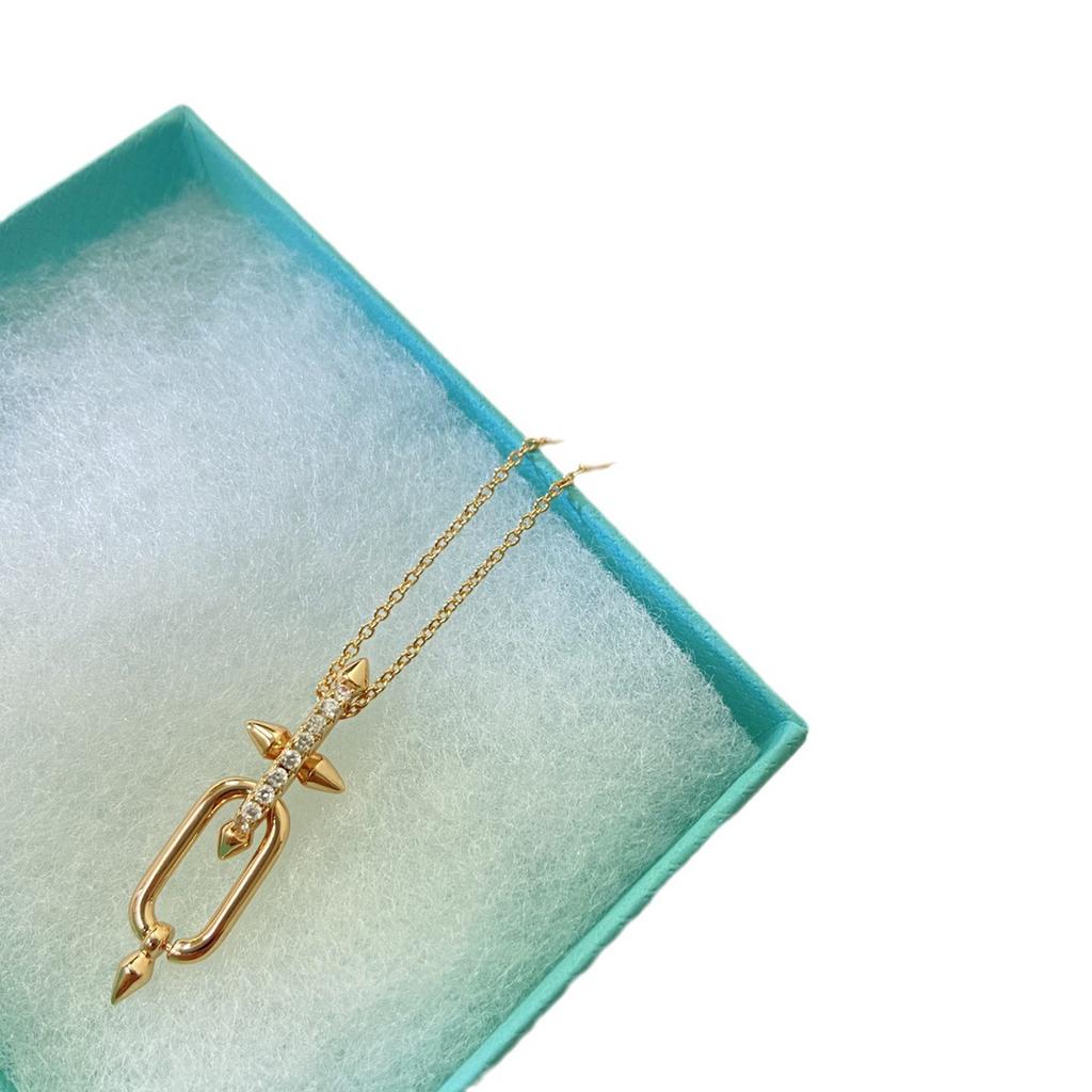 V Gold T Home Necklace Female Pointed Cone Trident Half Diamond Pendant European and American Rivet Necklace Collarbone Chain