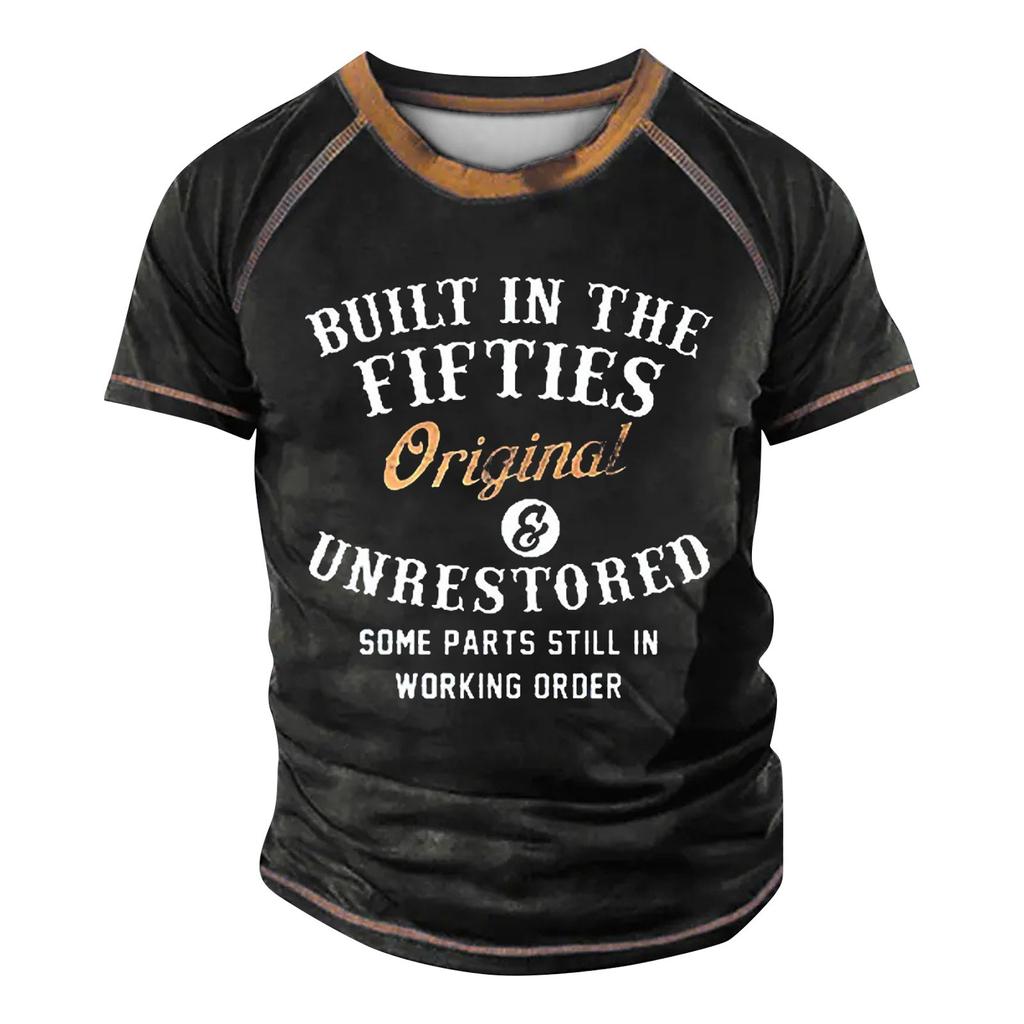 Мужская футболка реглан в стиле ретро с коротким рукавом и круглым вырезом с буквенным принтом, топы