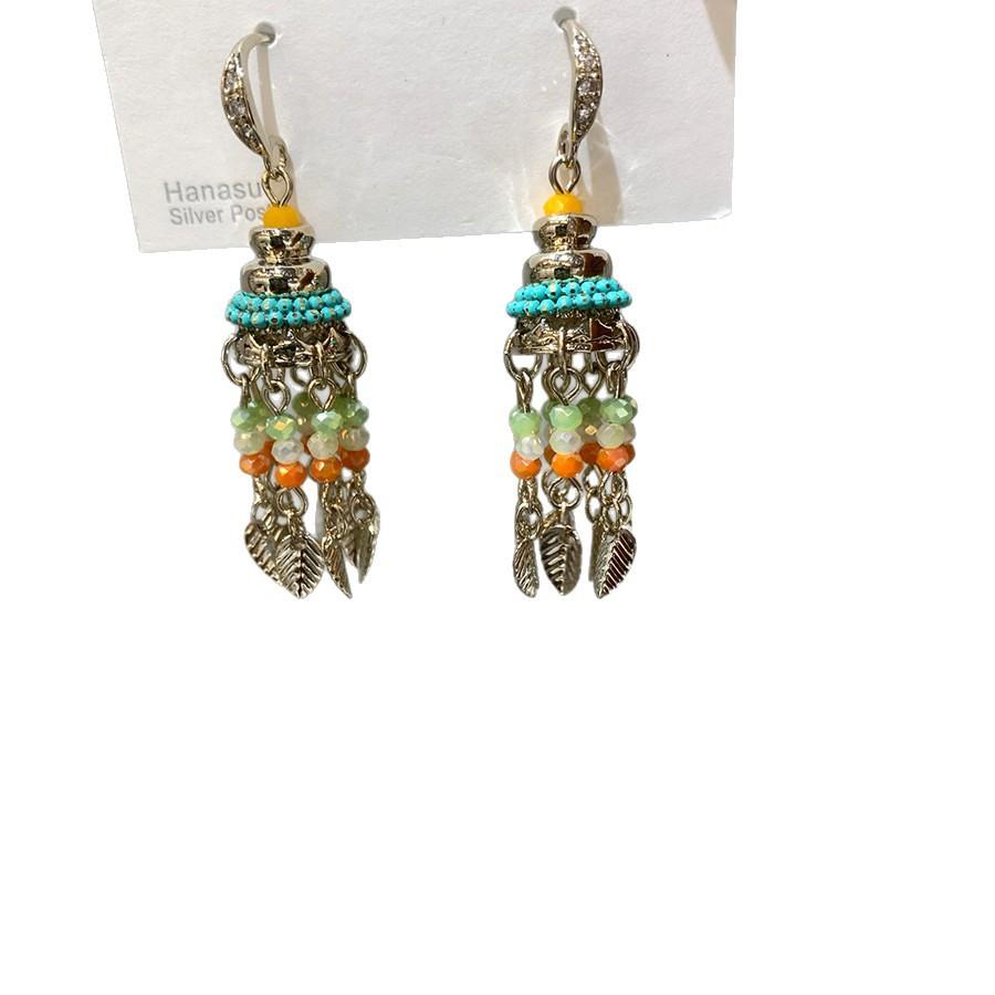 Retro style zircon glass leaves fringed ear hooks ethnic style earrings bohemian style earrings design sense niche