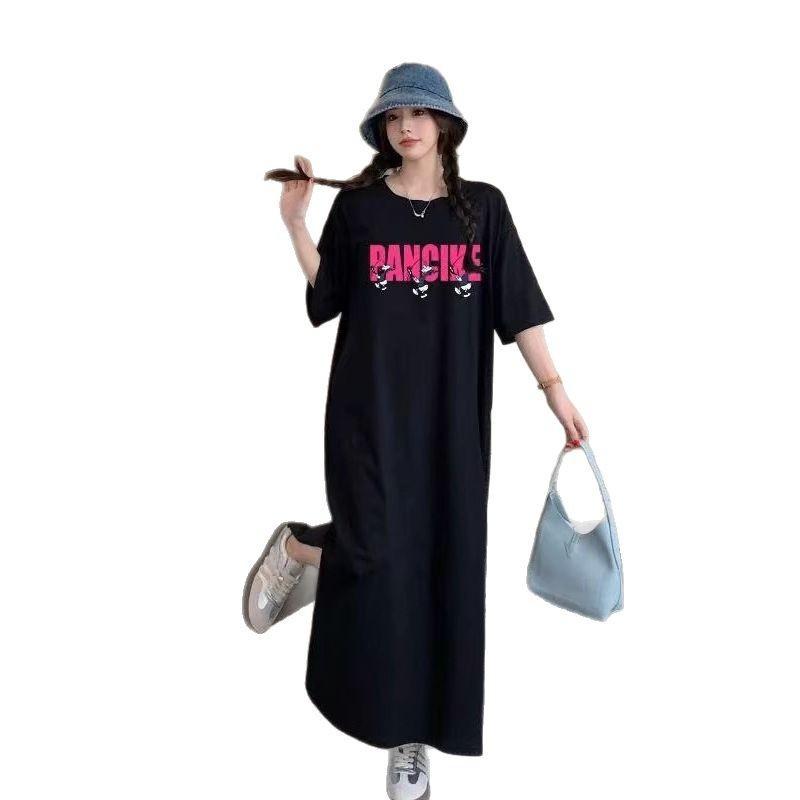 Женское простое повседневное платье с круглым вырезом и короткими рукавами, летнее платье средней длины с разрезом