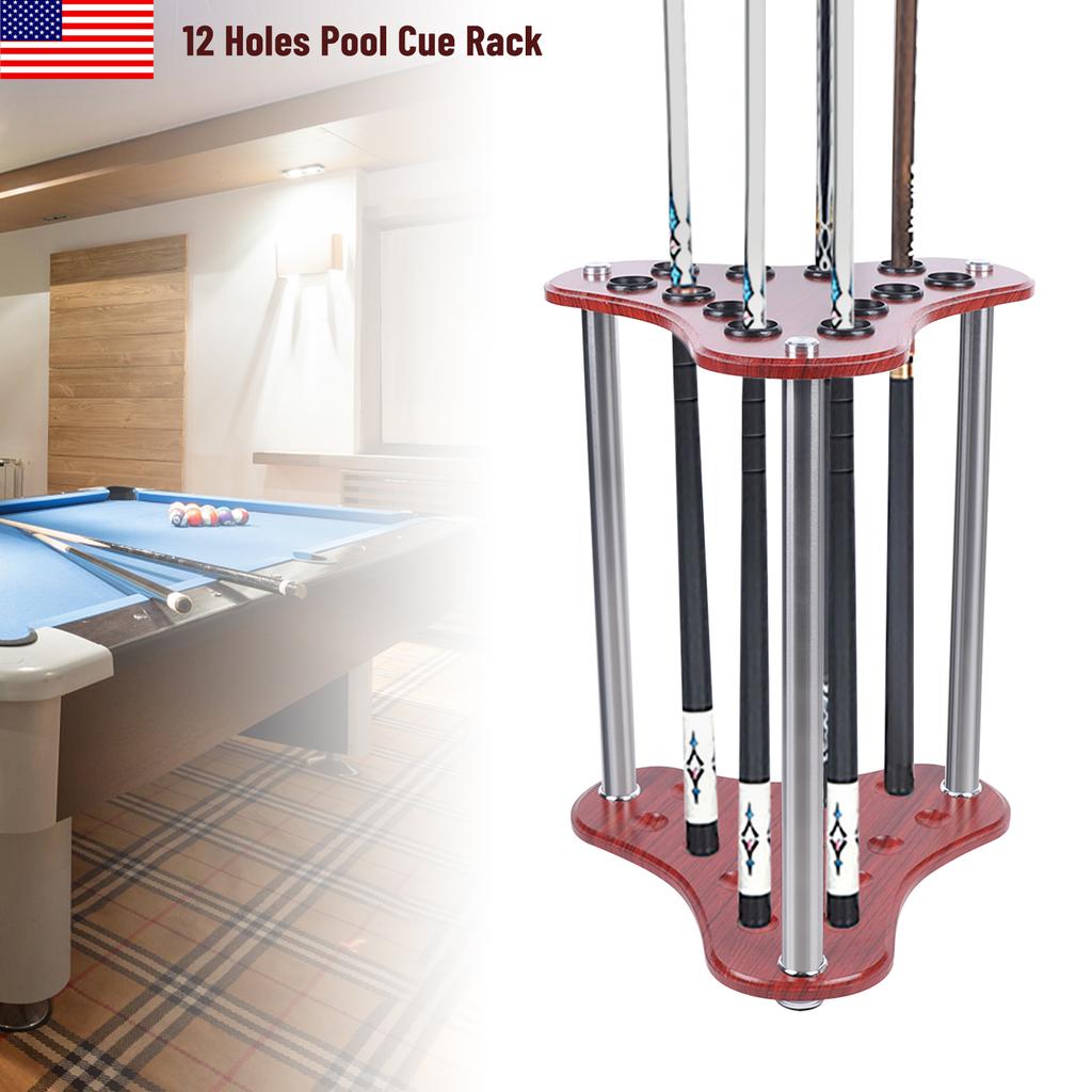 12-Hole Triangle Pool Cue Holder, Floorstanding Corner Stand, Red Modern Design Billiard Cue Rack with 1.37in Diameter Holes