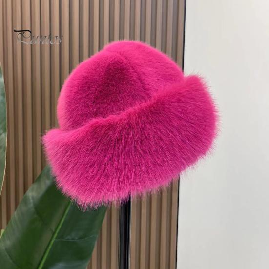 Women Winter Hat Thick Plush Faux Fur Heat Retention Windproof Mongolia Style Bucket Hat Solid Color Outdoor Cycling Skiing Panama Cap