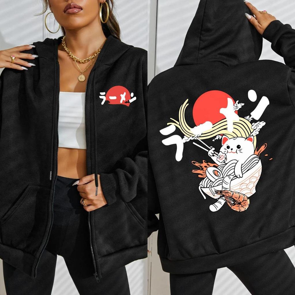 Японский Вкусный Лапша Кошка Принты Толстовка на молнии Женская Уличная Флисовая Худи Модная Спортивная одежда Осень Свободная Спортивная одежда